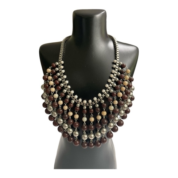 Brown Silver Tone Faceted Dangle Bead Statement Bib Boho Style Costume Necklace - Picture 1 of 6